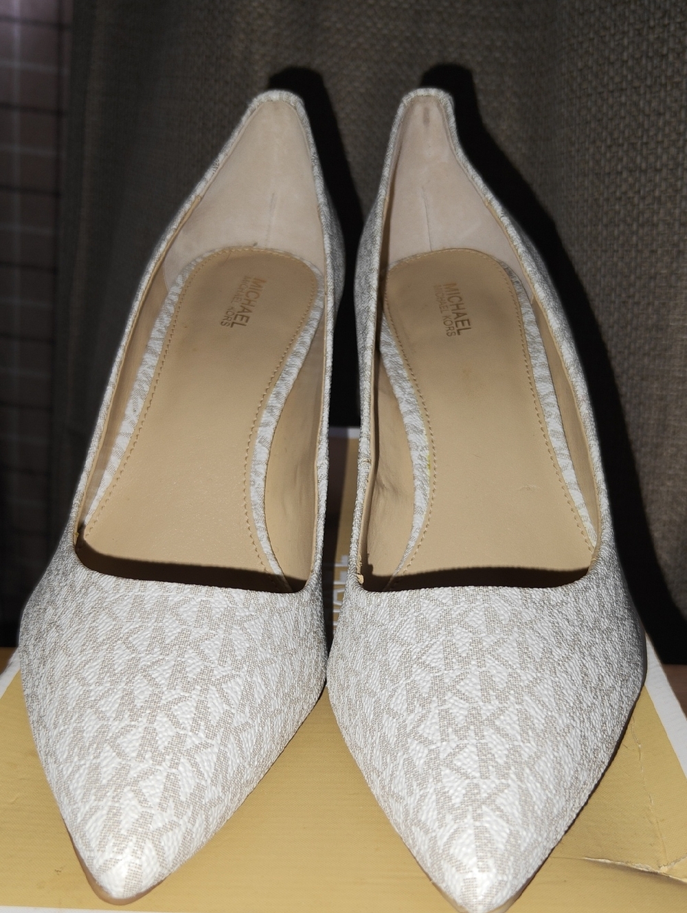 MICHAEL Michael Kors Women's Beige Logo-Print Pointed Toe Heels